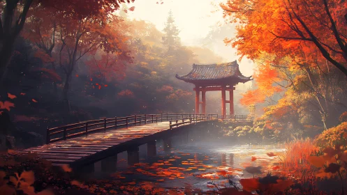 Autumn bridge and red pagoda rest in golden forest mist