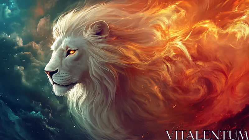 Majestic white lion merges into fiery nebular mane in profile