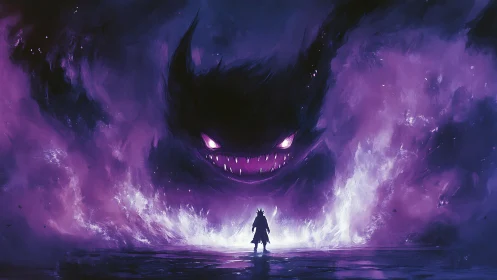 Silhouetted figure confronts colossal purple spectral entity