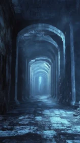 Long stone corridor recedes into blue misty atmospheric depth
