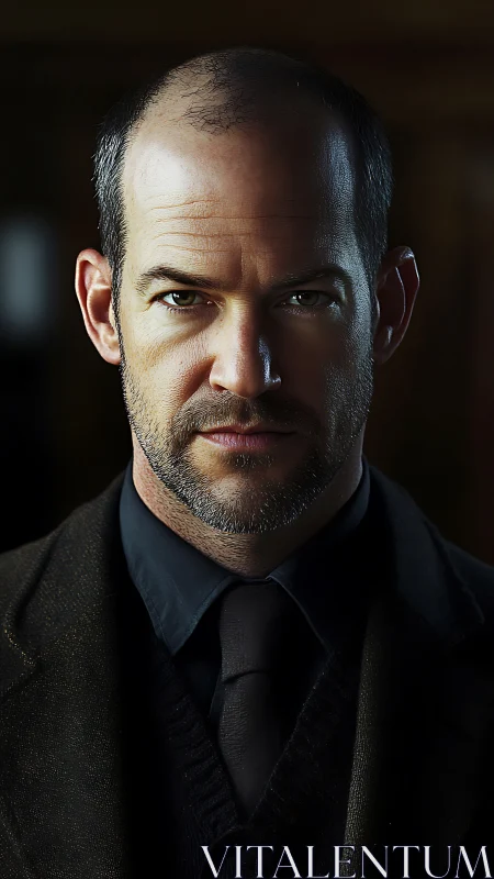 Intense bald man in dark suit stares with unwavering resolve