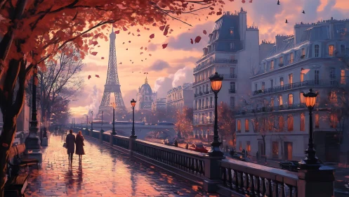 Digital painting of autumn Parisian boulevard at sunset glow.