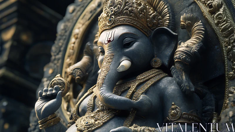 Elephant-headed stone deity statue displays ornate gold adornment