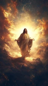 Radiant robed figure rises gently within a golden heaven