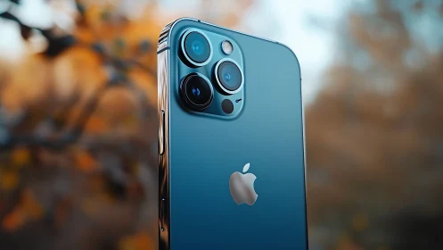 Pacific Blue iPhone 12 Pro with Triple Camera Setup Displayed Outdoors
