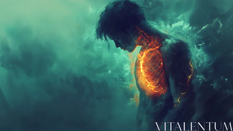 Volumetric silhouette with molten thoracic core illumination.