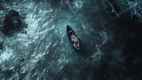 Wooden rowboat remains centered amid textured ocean surface