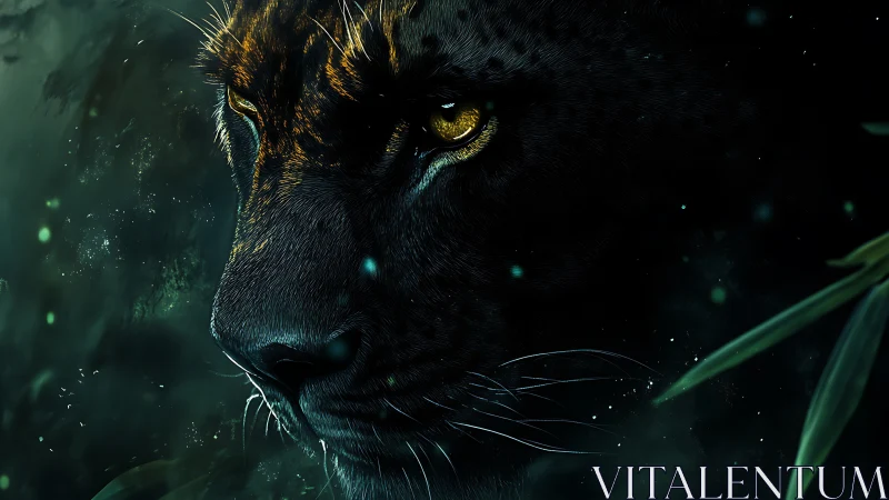 Black Feline Portrait with Golden Iris and Ethereal Particle Effects