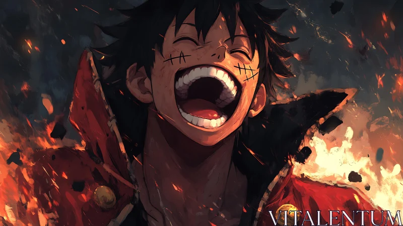 Fiery anime hero laughing amid chaos and burning embers.