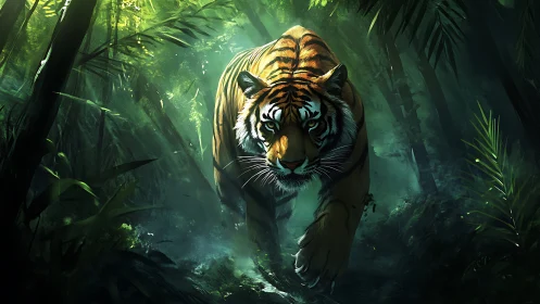 Solitary tiger moving through dense green forest undergrowth.