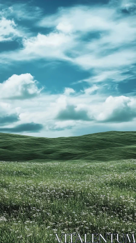 Rolling green hush listens quietly beneath wandering clouds