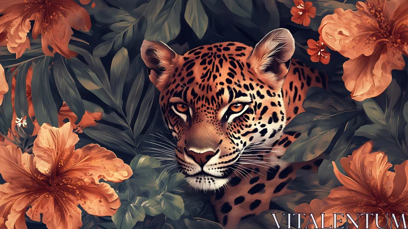 Leopard’s golden gaze emerges from lush tropical blooms