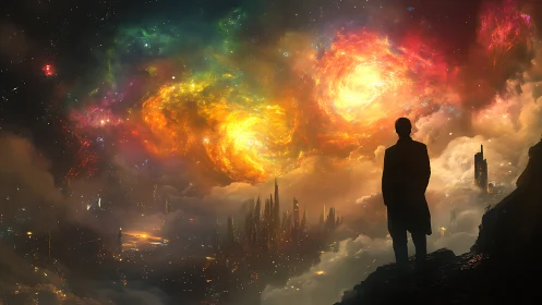 Silhouetted figure overlooking luminous nebula and cityscape.