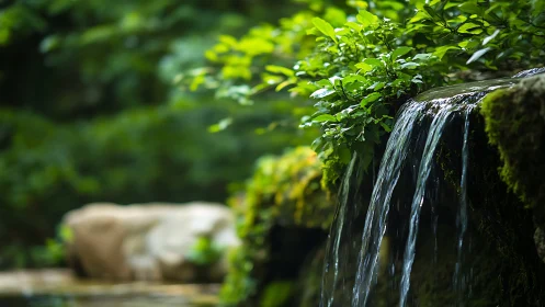 Tranquil Nature Waterfall with Lush Greenery in Soft Focus.