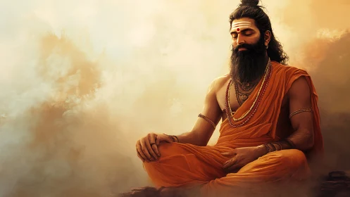 Saffron robed sage steadies the dawn inside quiet clouds