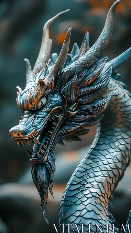 Serpentine metallic dragon sculpture with teal rim lighting.