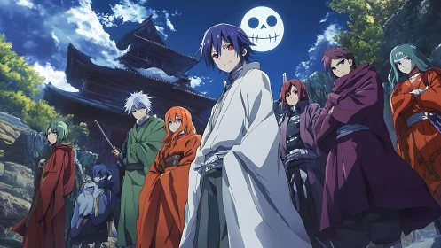 Moonlit misfit heroes gathered before a haunted hill temple.