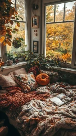 Cozy autumn window nook holds layered blankets and pumpkin