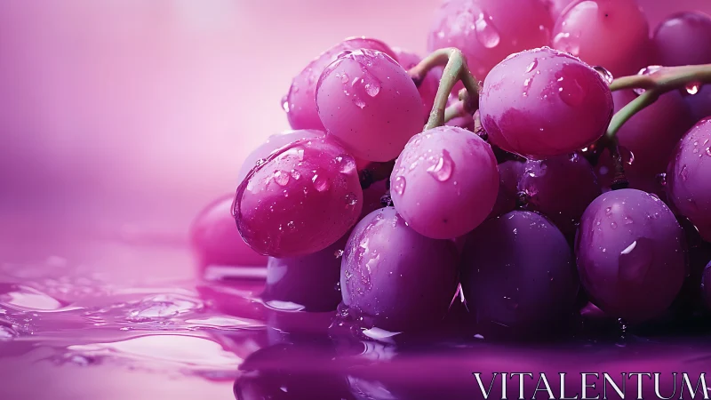 Glowing pink grapes rest in glossy water reflections.
