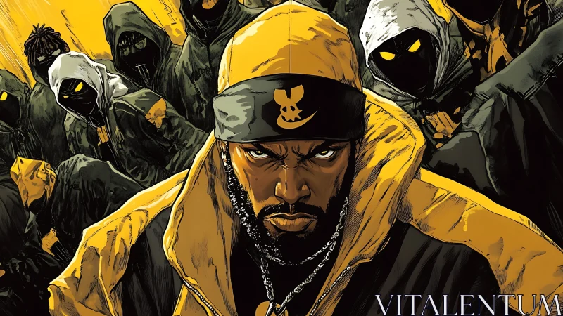 Defiant hooded leader stands strong before masked crew.