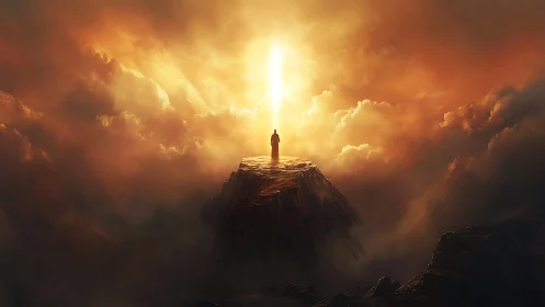 Lone robed figure meets vertical dawn light over clouds.