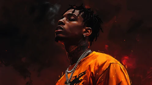 Moody rap portrait in orange streetwear against dark embers.