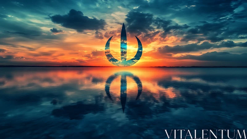 Symbolic emblem rises over a tranquil neon-toned sunset lake