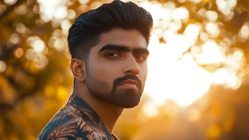 Golden hour portrait with shallow depth and warm bokeh glow.