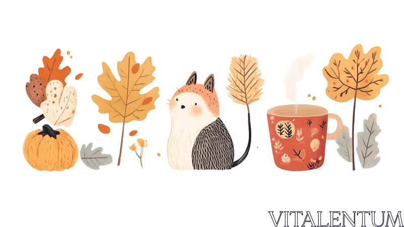 Autumn Botanical Composition with Fox and Ceramic Mug.