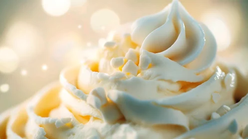 Whipped cream swirl forms soft peaks under warm bokeh lights