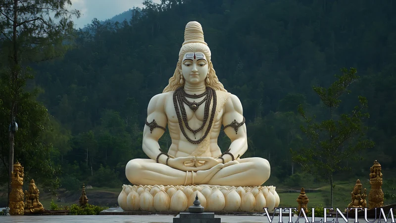 Monumental seated deity sculpture anchors a forested valley