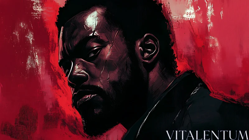 Brooding portrait against visceral red abstract ground.