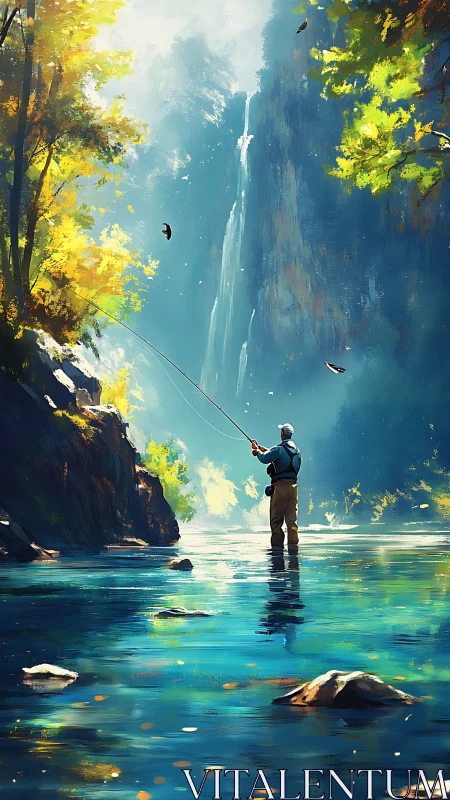 Fly fisher wading beneath luminous canyon waterfall panorama.