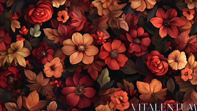 Floral Pattern with Red and Orange Blooms on Dark Background