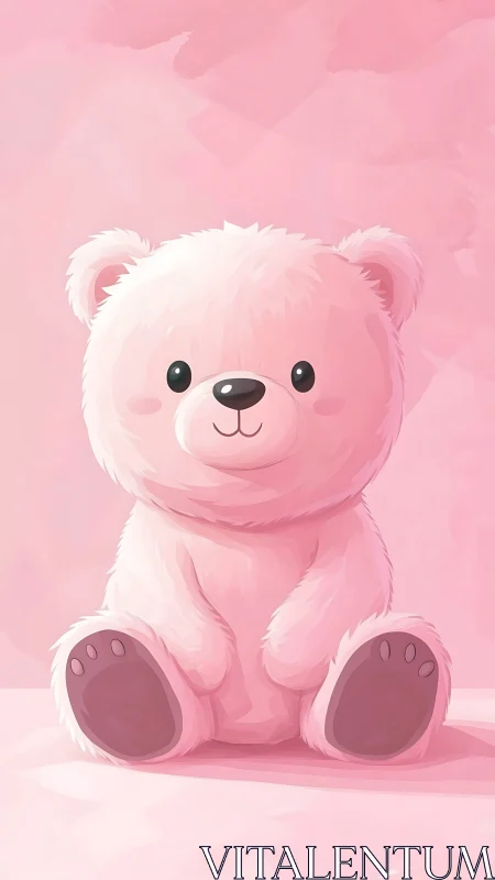 Pink cartoon teddy bear on monochromatic pastel background.