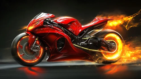 Aerodynamic red superbike with flaming motion-blurred wheels
