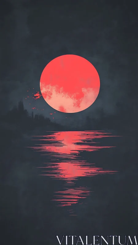 Neon red moon hangs over glitching reflective water surface.
