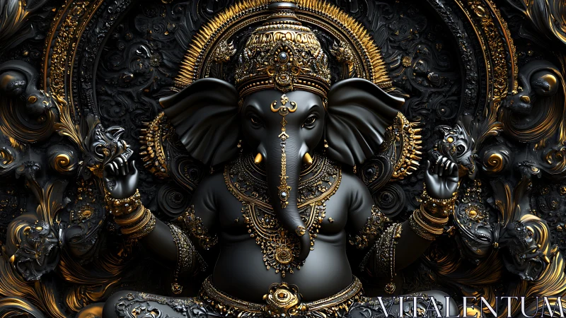 Ganesh statue is rendered in ornate black and gold detail