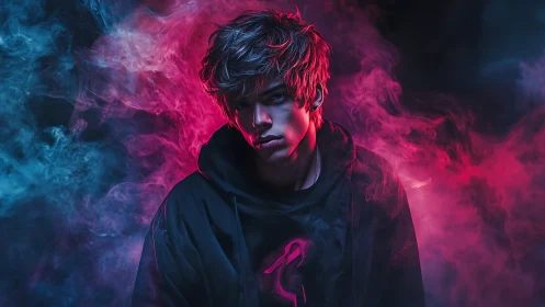 Neon backlit portrait sculpts moody contours in dense vapor