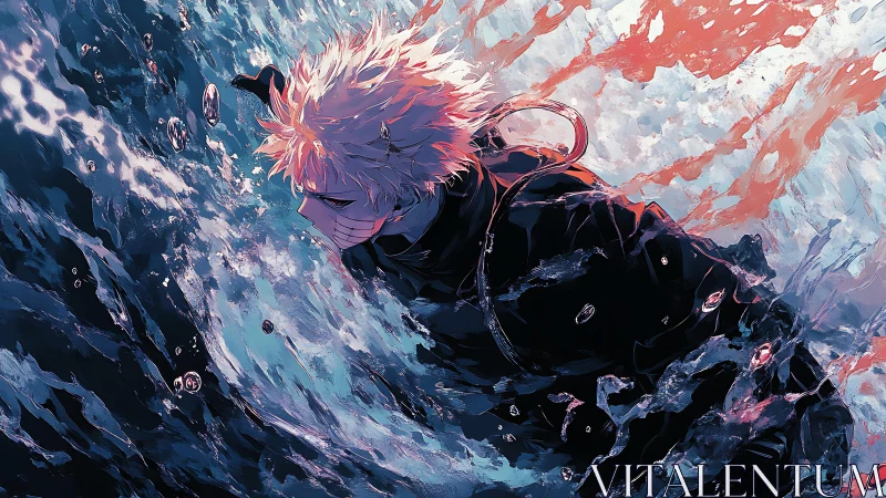 Masked anime diver slices through turbulent neon ocean.