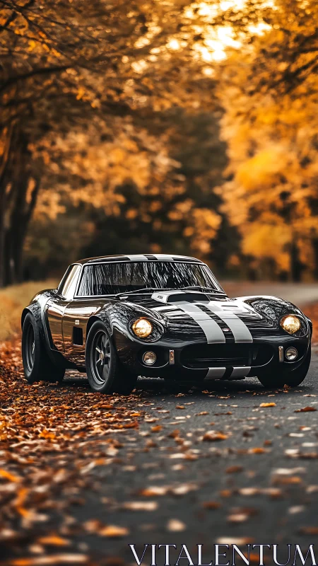 Classic black sports coupe with racing stripes on autumn road