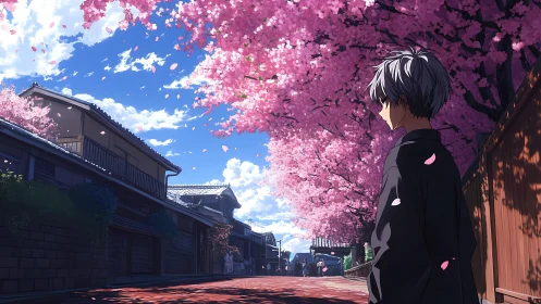 Solitary boy walks under dense cherry blossoms in spring street
