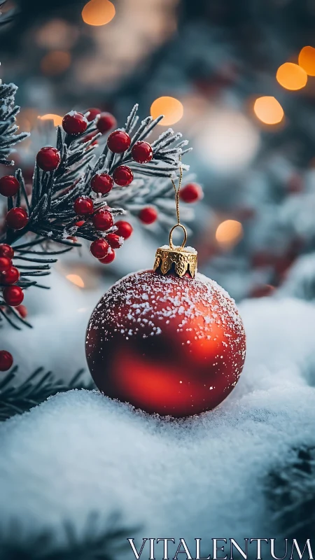 Red Christmas ornament hangs on snowy branch with berries