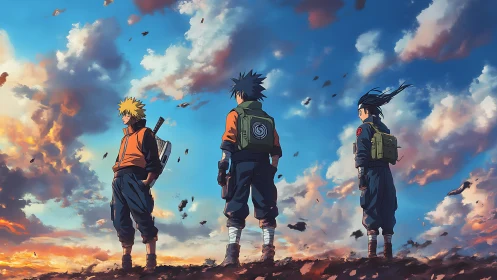 Three anime ninjas standing under dramatic evening sky.