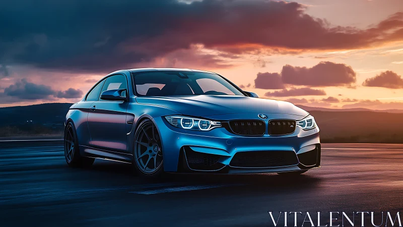 Sunset drive with a sleek blue sports coupe on open road.