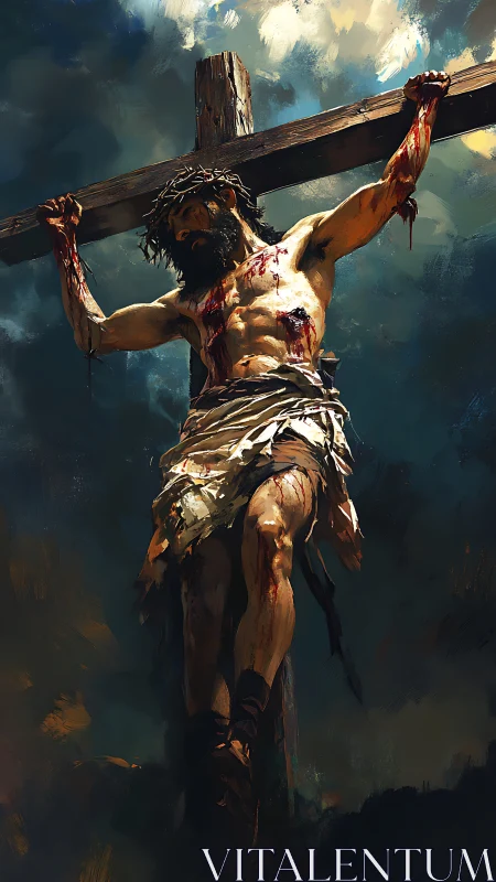 Crucified male figure on wooden cross under clouded sky.