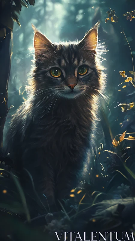 Wild tabby cat glows in backlit forest clearing twilight