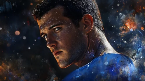 High-contrast digital portrait with cosmic particulate lighting.