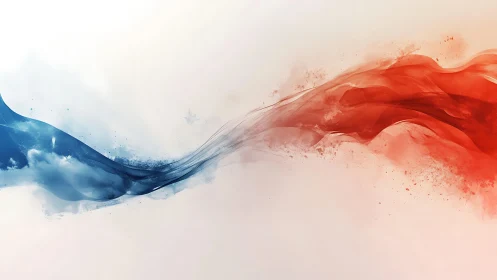 Twin currents of red and blue drift through luminous mist.