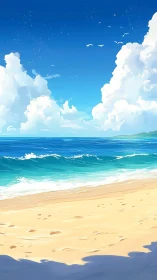 Digital shoreline view with waves, sand, and cumulus clouds.